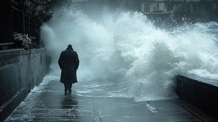 Fototapeta premium Contemplative figure walking against the storm at the water's edge walkway