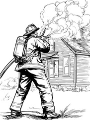 Firefighter battling a fire in a house coloring page
