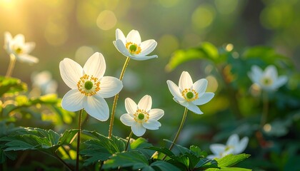 White flowers with yellow centers bloom amidst lush green foliage in dappled sunlight. Bokeh effect creates a soft, dreamy atmosphere