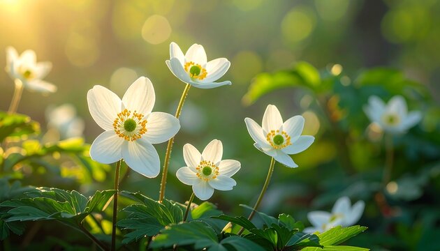 White flowers with yellow centers bloom amidst lush green foliage in dappled sunlight. Bokeh effect creates a soft, dreamy atmosphere - Powered by Adobe