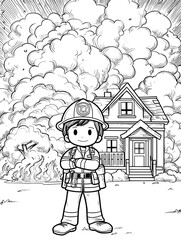 Firefighter battling a fire in a house coloring page