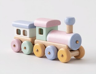 Pastel-colored wooden toy train with a single passenger car, featuring rounded edges and light wood accents