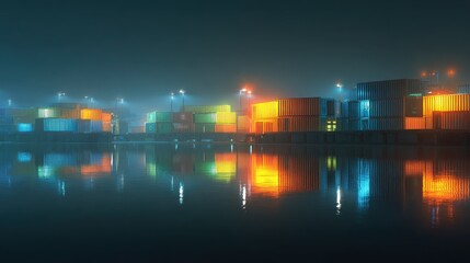 Fototapeta premium Night port scene, glowing lights reflecting on containers, 3D illustration. 