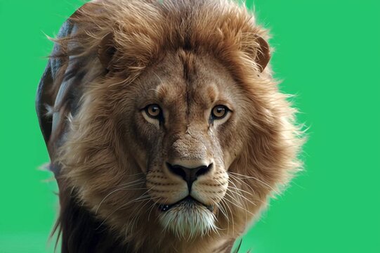 Lion runs straight toward camera. Green background shows clear motion.