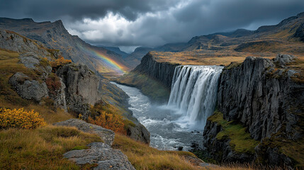 Fototapeta premium Icelandic waterfall crashing into mossy cliffs, rainbow in the mist, dramatic overcast sky, wide panoramic composition