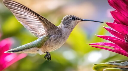 Fototapeta premium Hummingbird in flight near flowers