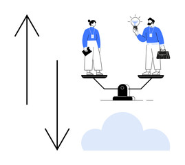 Two people standing on a scale represent balance, collaboration, idea sharing, and equality. Large arrows suggest movement or decision-making. Ideal for teamwork, fairness, diversity, innovation