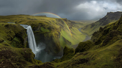Icelandic waterfall crashing into mossy cliffs, rainbow in the mist, dramatic overcast sky, wide panoramic composition