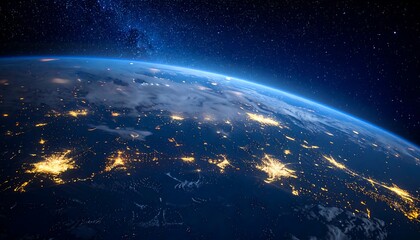 Fototapeta premium Night view of Earth from space showcasing illuminated cities, clouds, and the dark starry background