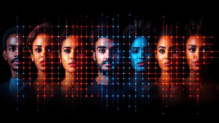 Diverse faces illuminated by a vibrant digital network creating a sense of global connectivity and