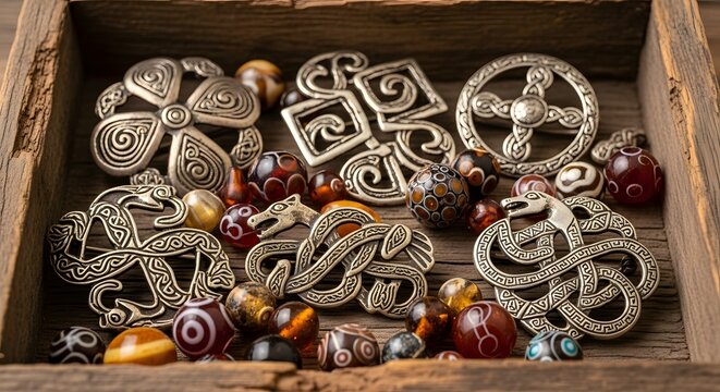 Collection of ornate Viking jewelry and beads in a wooden box, showcasing intricate designs and craftsmanship.