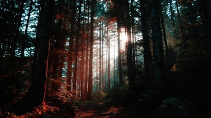 Misty Forest Path With Glowing Sunlight Filtering Through Trees During Early Morning Hours