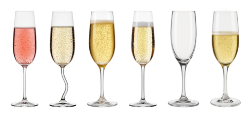 Champagne flute set including rosé, golden, and empty flutes isolated. Celebration and luxury drink collection.