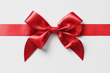Fototapeta premium A vibrant red satin ribbon bow, elegantly tied, rests centrally on a plain white background. Its glossy sheen and sharp folds create a festive and sophisticated feel