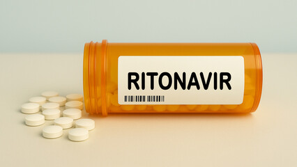 Box of RITONAVIR tablets on a hospital pharmacy table used to treat HIV infection a protease...