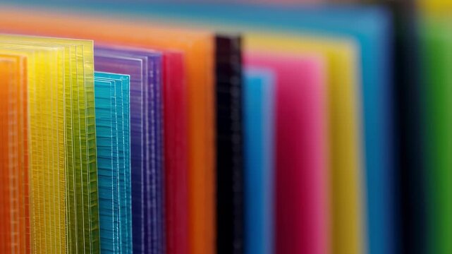 Medium shot of vibrant color options in corrugated plastic sheeting with focus on sheet edges and subtle blurred surroundings