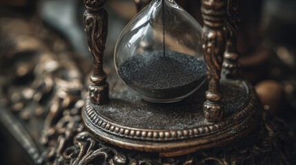 Antique hourglass with black sand and ornate metal frame