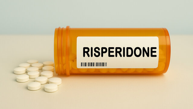 Box of RISPERIDONE tablets on a hospital pharmacy table used to treat schizophrenia and bipolar disorder an atypical antipsychotic.