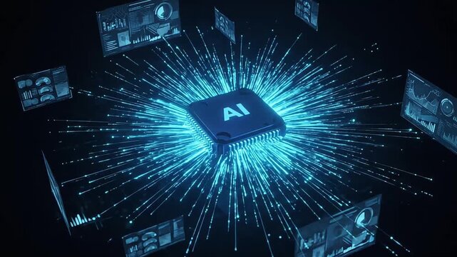 ai chip powering data streams in a digital world driving innovation showcasing connectivity data analysis and technological advancement in a modern backdrop. - Powered by Adobe