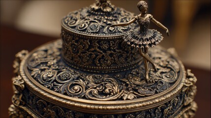 Ornate music box with gothic ballerina figure. Antique brass finish