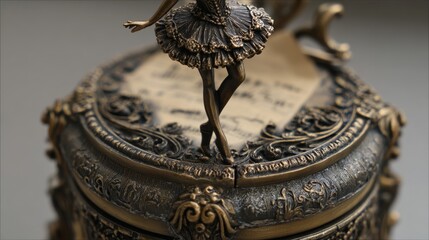 Ornate music box with gothic ballerina figure. Antique brass finish