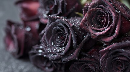 Black rose bouquet with dewdrops on dark petals. Gothic romance style