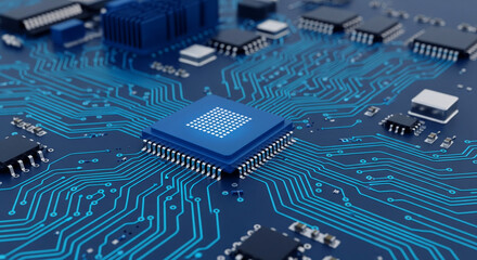 Abstract chip circuit board background. Technology connected blue lines with electronics elements on tech bg. Computer motherboard with a chip, processor, and semiconductor.