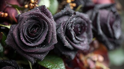 Black rose bouquet with dewdrops on dark petals. Gothic romance style