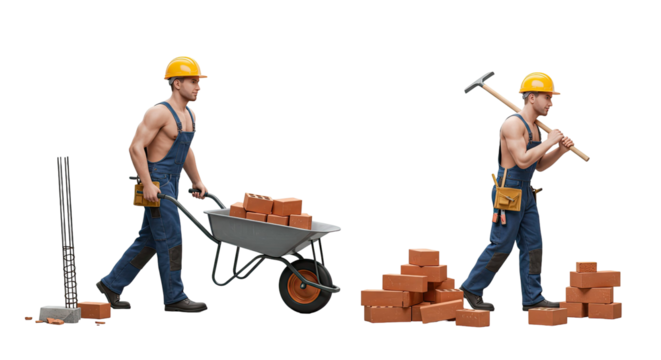 Construction Worker Stages: Muscular Man in Blue Overalls and Yellow Hard Hat Moving Bricks with Wheelbarrow, Hammer, and Building a Wall against
