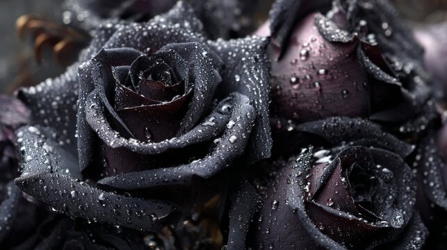 Black rose bouquet with dewdrops on dark petals. Gothic romance style