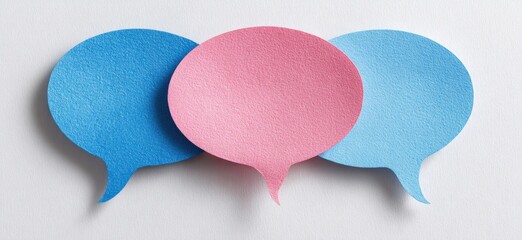 Three pastel speech bubbles, blue, pink, blue, arranged horizontally on a white background