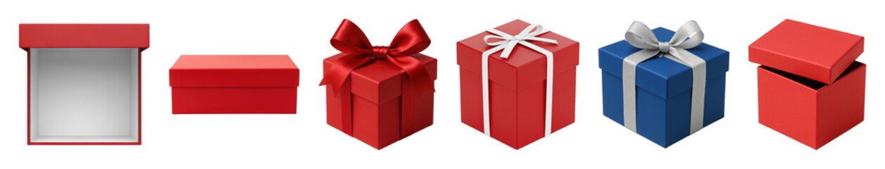 Obraz premium Red and blue gift box set including open, closed, and ribbon-tied variations isolated. Holiday and celebration packaging.
