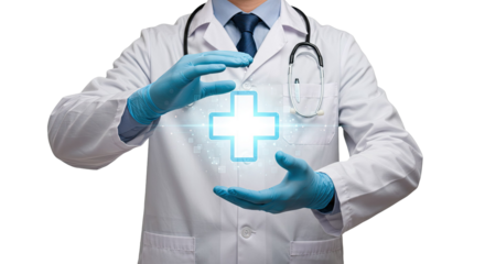 Doctor Gently Holding a Glowing Digital Cross Symbol Healthcare Medical Professional Concept with Transparent Background Ideal for Website Banners