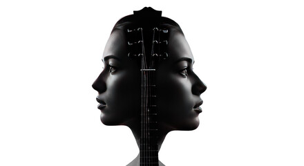 Double Exposure Portrait: Woman and Guitar Against Black Background, Abstract Music Concept, Suitable for Album Art, Digital Illustration, Graphic