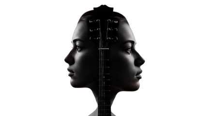 Double Exposure Portrait: Woman and Guitar Against Black Background, Abstract Music Concept, Suitable for Album Art, Digital Illustration, Graphic