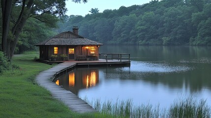 Fototapeta premium Idyllic Lakeside Cabin Retreat: A Serene Escape into Nature's Tranquility