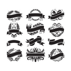 Collection of twelve black ornate ribbon banners with laurel wreaths and floral elements on a white background Keywords: banner, ribbon, ornate, vintage, emblem, label, award, decoration, flourish
