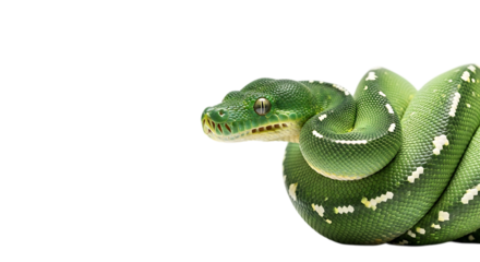 Emerald tree boa coiled with head raised and visible against a solid plane reptile close up view on transparent background