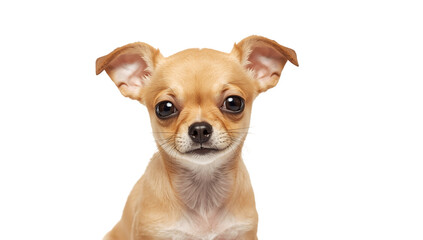 Close up portrait of a tan chihuahua with big eyes and ears looking at the camera directly ahead on transparent background