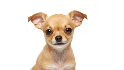 Close up portrait of a tan chihuahua with big eyes and ears looking at the camera directly ahead on transparent background
