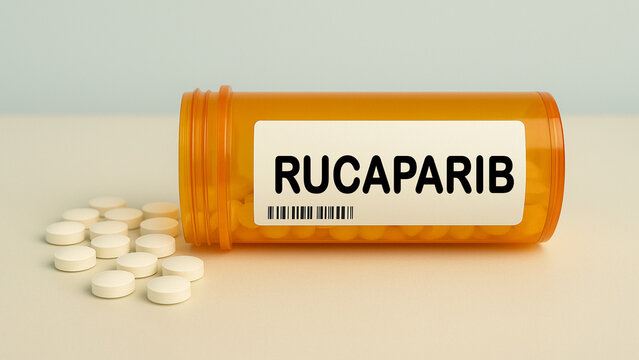 Box of RUCAPARIB tablets on a hospital pharmacy table used to treat ovarian cancer a PARP inhibitor.
