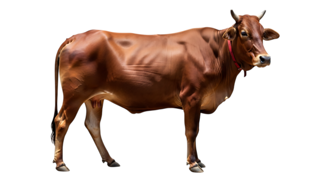 A reddish brown cow standing in profile with a red collar and short horns is isolated on transparent background