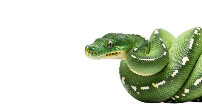 Emerald tree boa coiled with head raised and visible against a solid plane reptile close up view on transparent background - Powered by Adobe