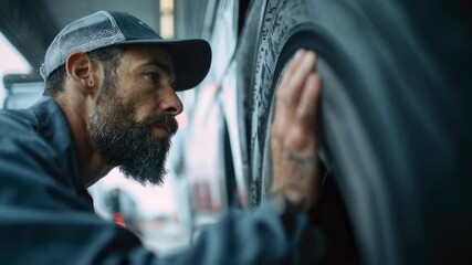 Close medium shot capturing a professional inspecting bus tire depth the tire sharply in focus with the bus body fading softly into the background.