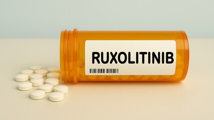 Box of RUXOLITINIB tablets on a hospital pharmacy table used to treat myelofibrosis and polycythemia vera a JAK inhibitor. © Semi