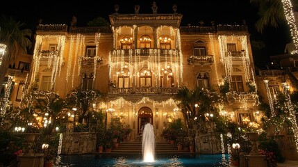 Fototapeta premium Magnificent Villa Illuminated by Festive Lights at Night creating a magical ambiance