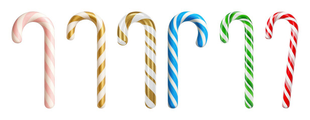 Candy cane set including red, green, blue, pink, and gold striped variations isolated. Festive holiday treats collection.