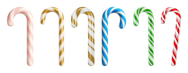 Candy cane set including red, green, blue, pink, and gold striped variations isolated. Festive holiday treats collection.