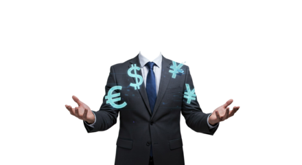 Headless Businessman in Gray Suit Levitating Teal Currency Symbols Against Black Background:  Transparent PNG for Graphic Design, Web Design, and