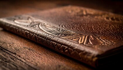 Ornate leather-bound book on wooden table